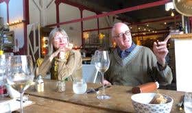 Jancis Robinson and Nicholas Lander at restaurant Bourdasso near Carcassonne