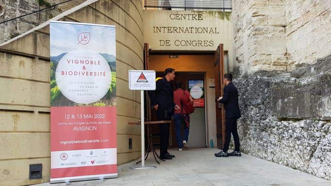Entrance to vineyard biodiversity conference hall, 2022 in Avignon