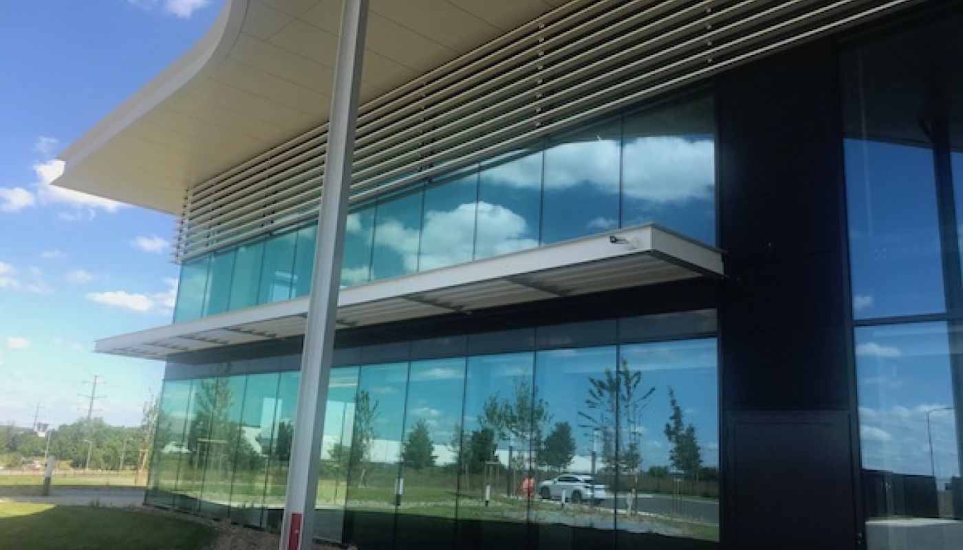 Exterior of Champagne Palmer's environmentally designed new winery outside Reims