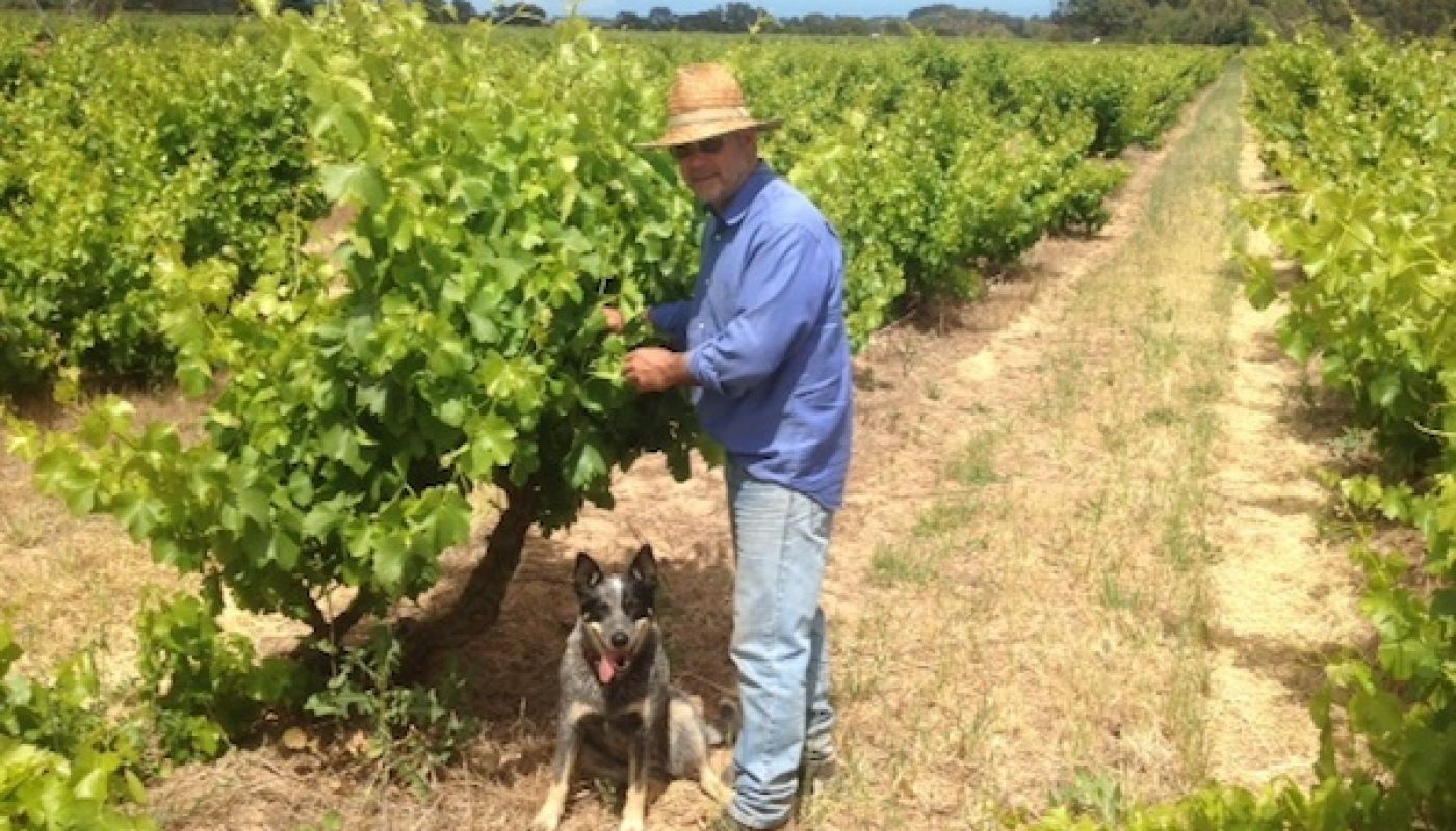 Charlie Whish and dog Juno with dry grown Grenache