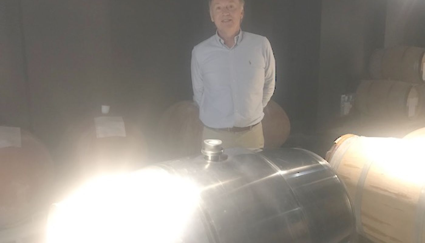 Leclerc Briant chef de cave Herve Jestin with a metal barrique