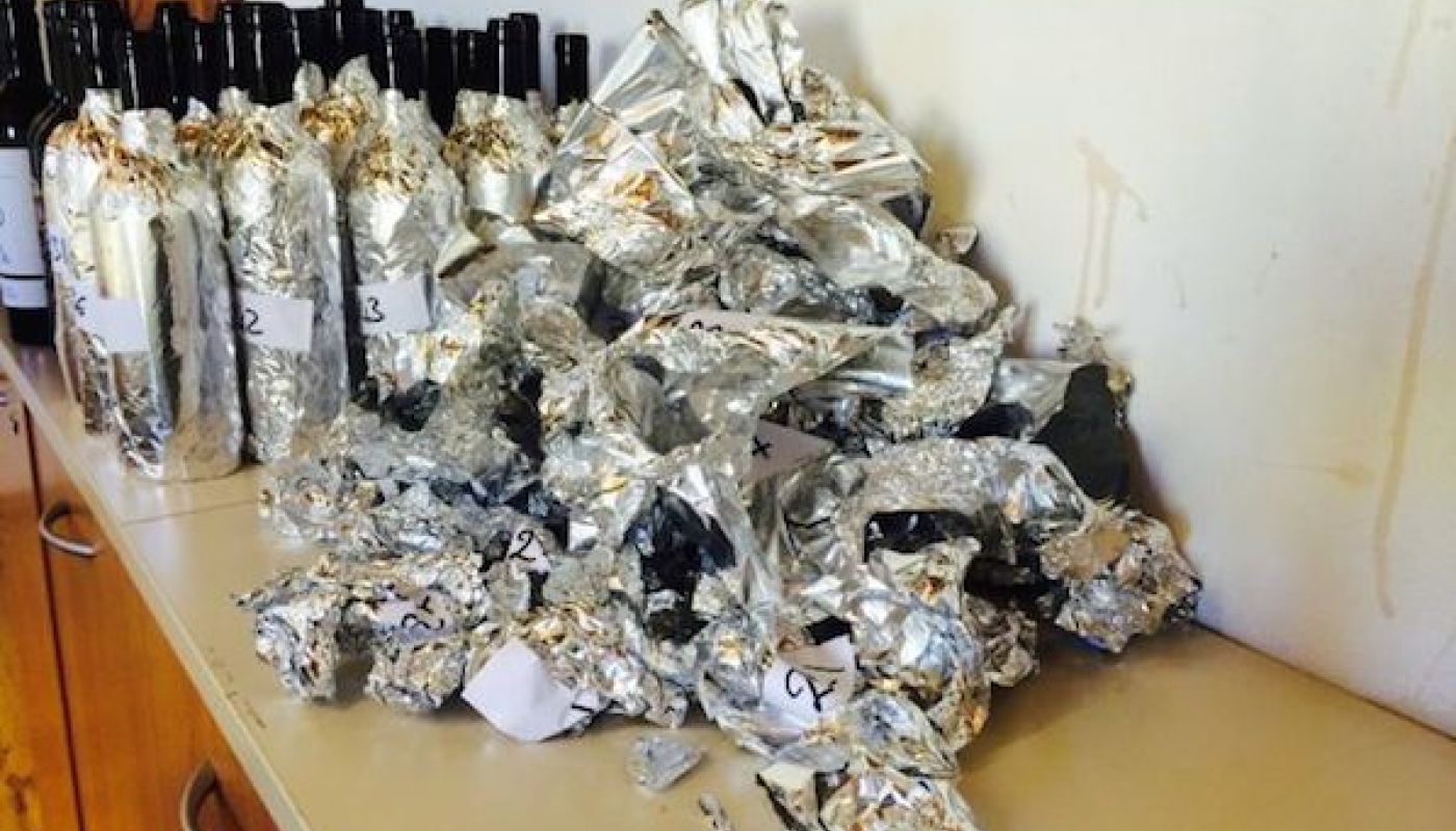 discarded bottle wrappers - aftermath of blind tasting Brunello di Montalcino