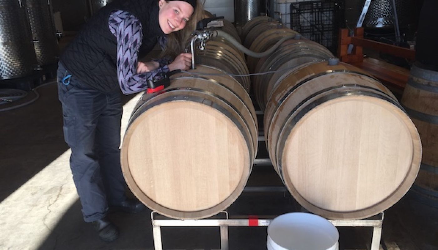 Samantha Cole-Johnson filling barrels in the Willamette Valley, 2019
