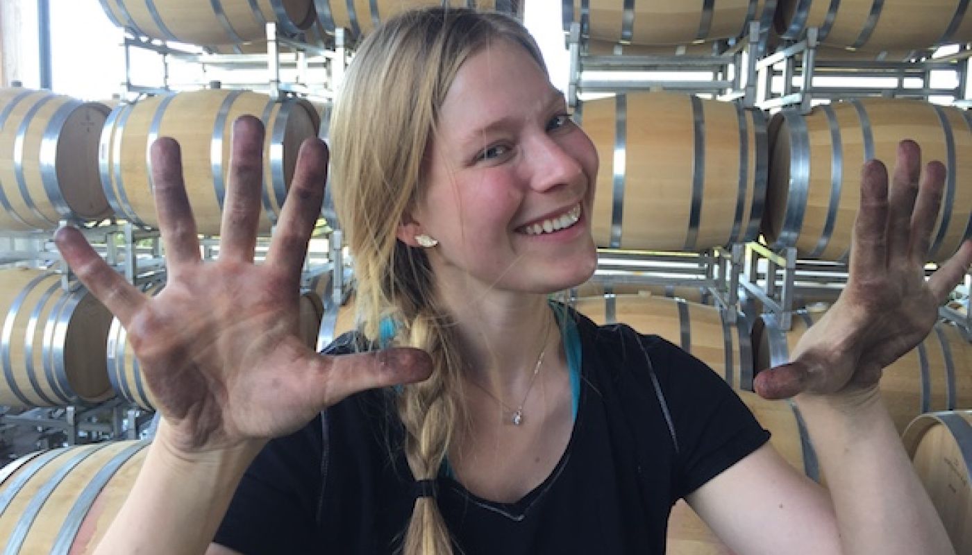 Dirty hands of Samantha Cole-Johnson in Willamette Valley winery 2019