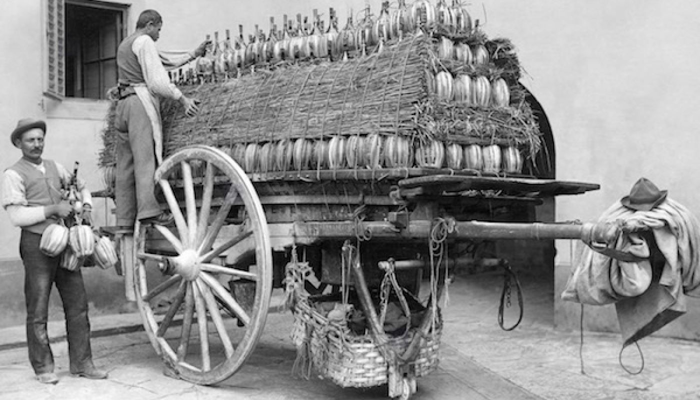 Cart loaded with straw-covered fiaschi in nineteenth century Tuscany