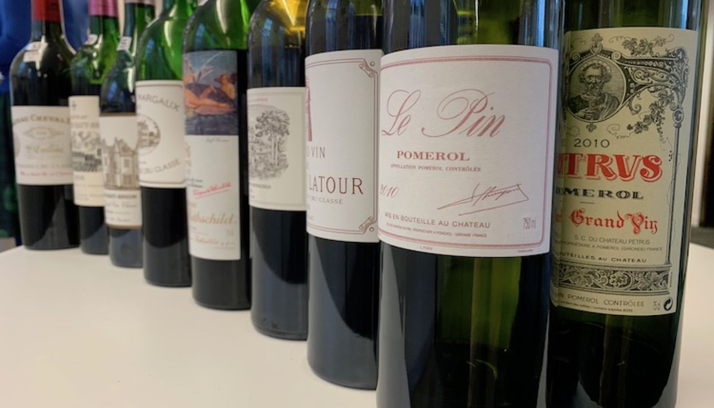 Bottles of 2010 first growths at BI Wines tasting end Jan 2020