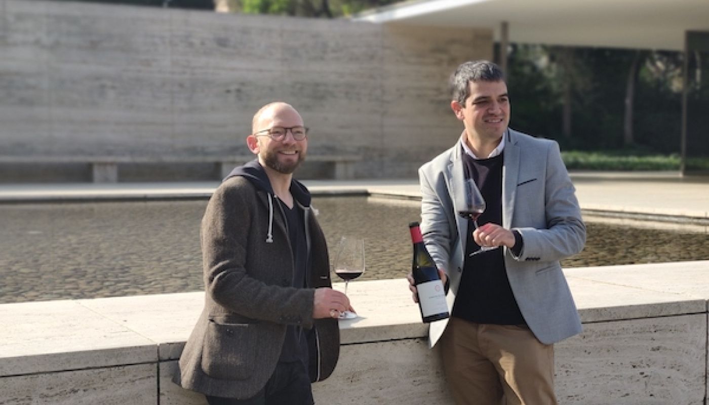 Andrew Morris and Ferran Centelles by the Mies van der Rohe Pavilion in Barcelona