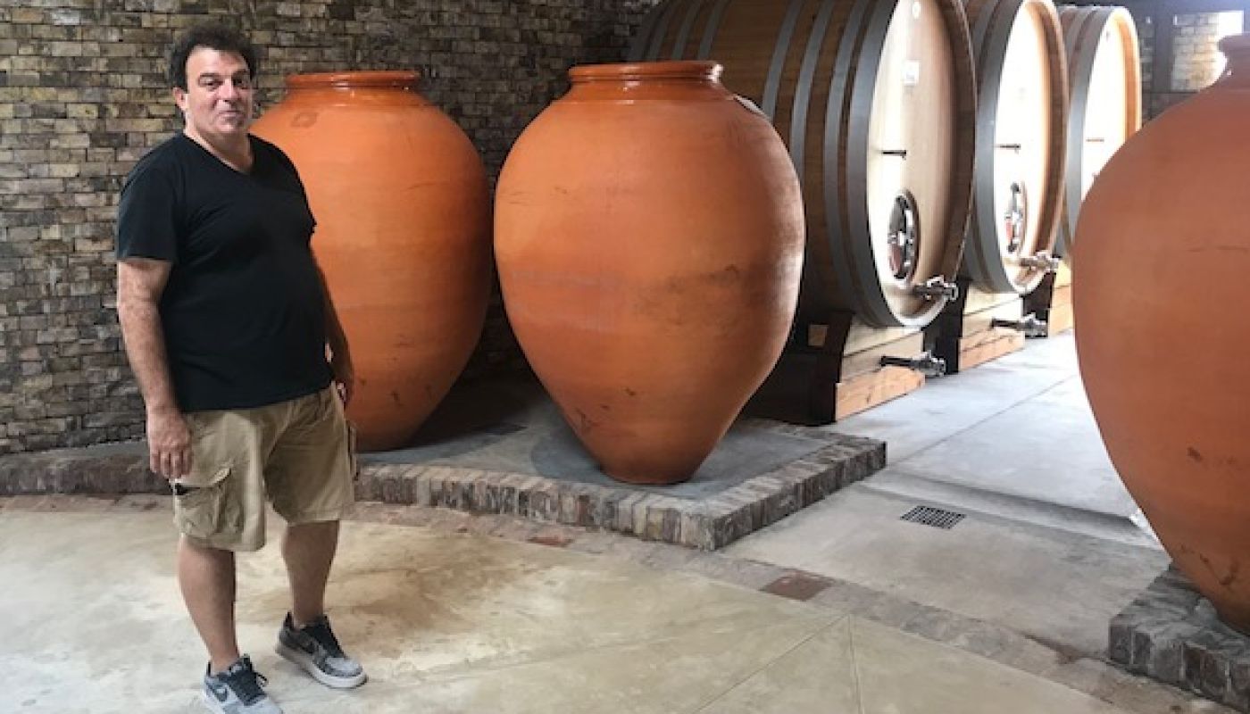 New wine ageing vessels at Catena's La Bodeguita in the Uco Valley with winemaker Alejandro Vigil