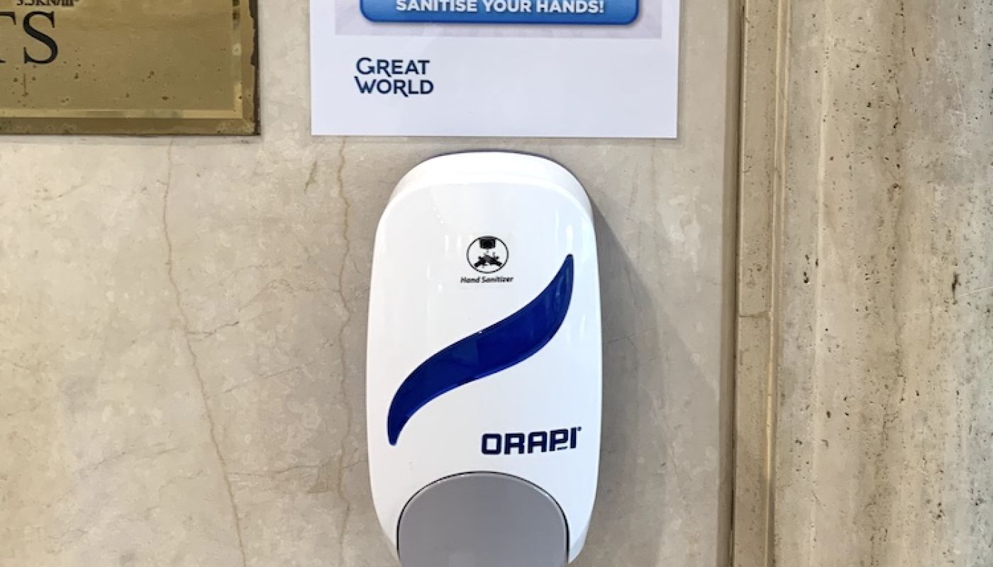 A hand sanitiser disposer at a mall entrance