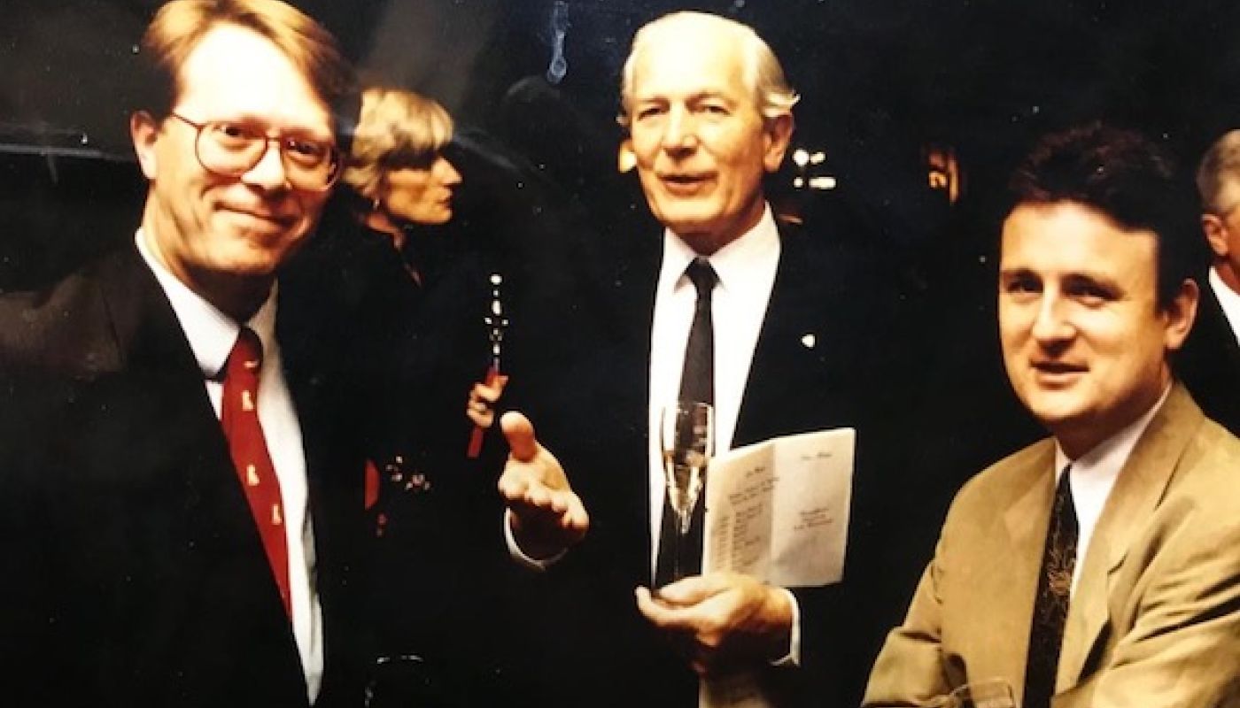 Jan Paulson, Serena Sutcliffe MW, Michael Broadbent and Stephen Browett at a Hardy Rodenstock tasting in the late 1980s