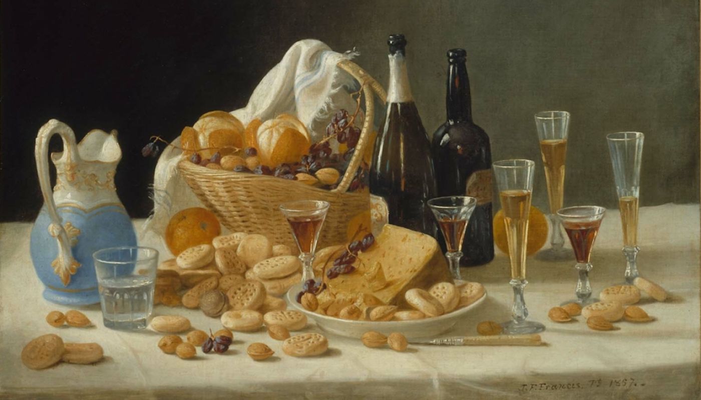 John F Francis still life - wine and cheese