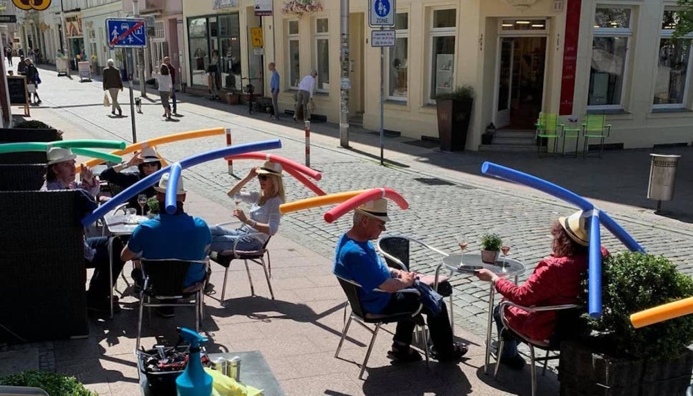 Pool noodle hats in Cafe Rothe in Schwerin, Germany