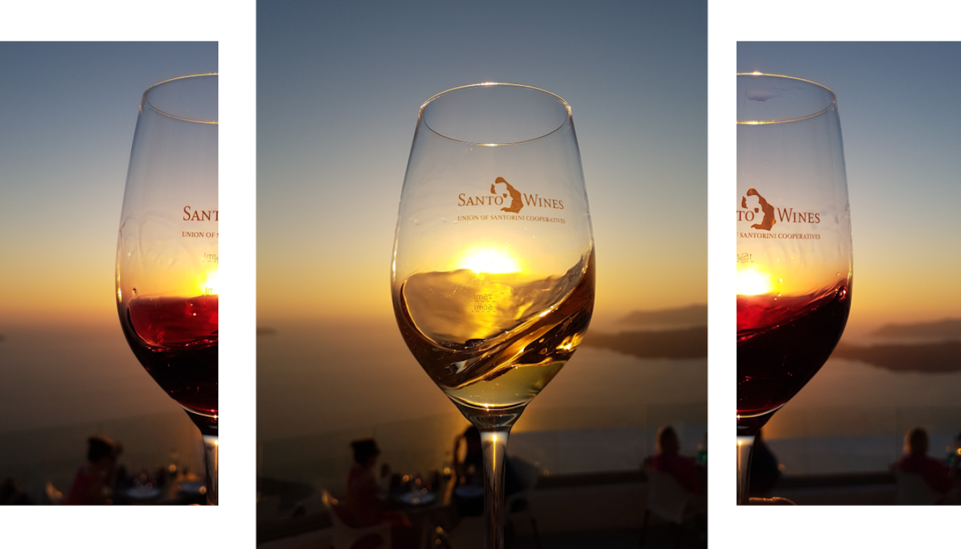 Santo wine triptych, sunset on Santorini
