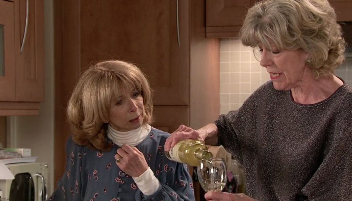Audrey pours Gail some wine on Coronation Street