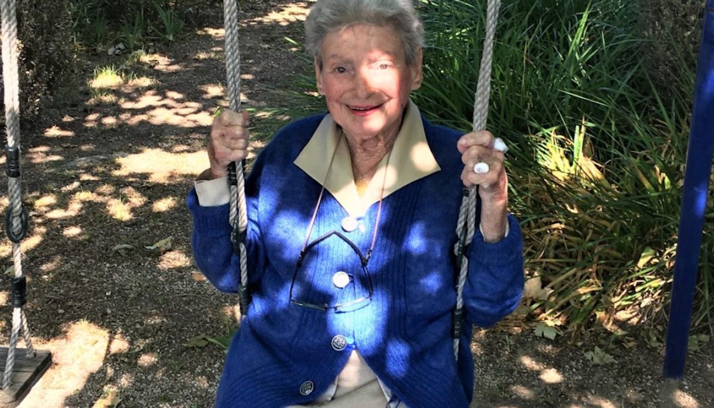 Lulu Peyraud of Domaine Tempier on a swing