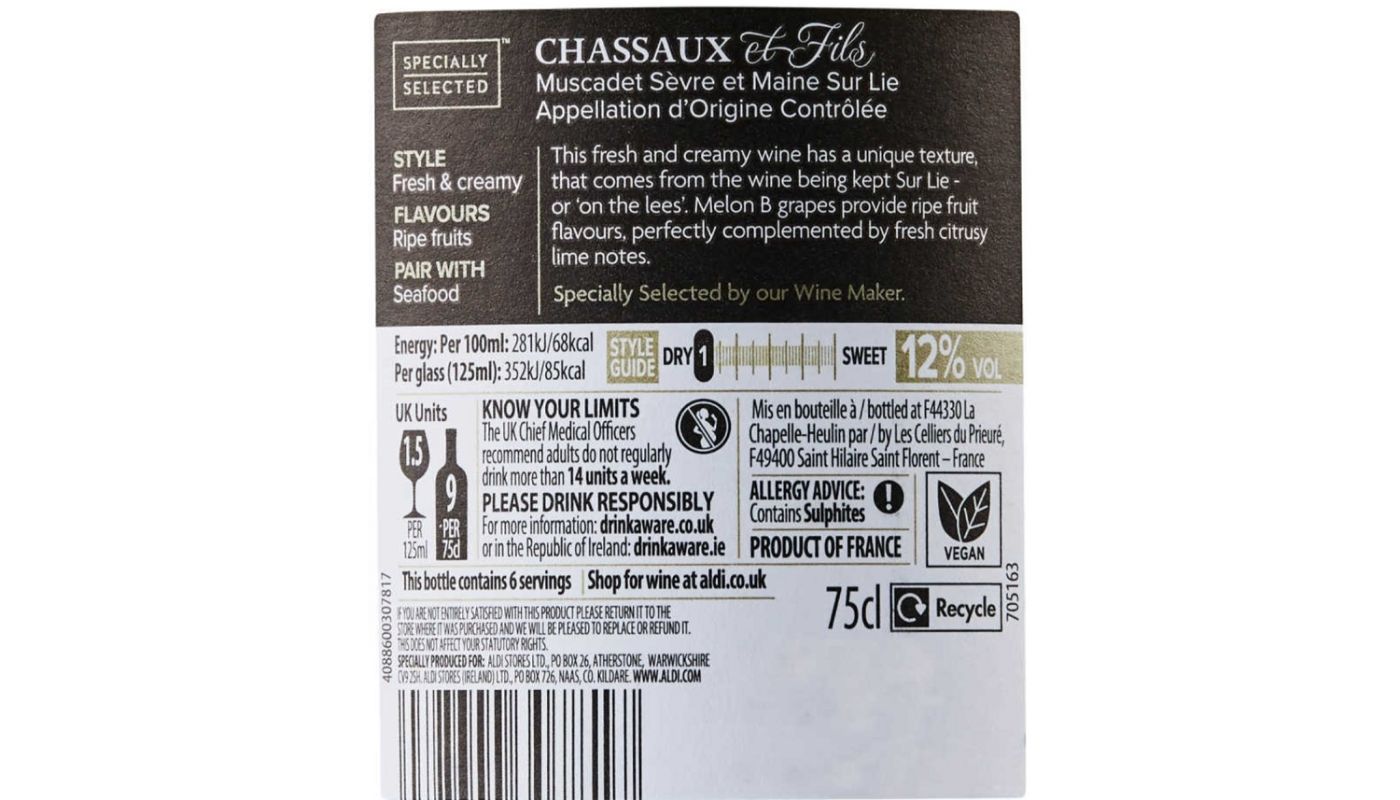 back label of Aldi Muscadet with lots of detailed information