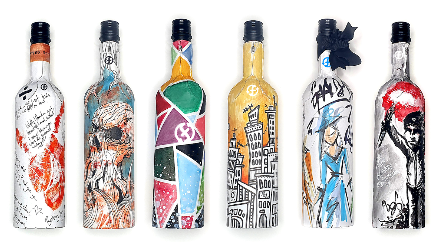 Six designs for a paper Frugal wine bottle