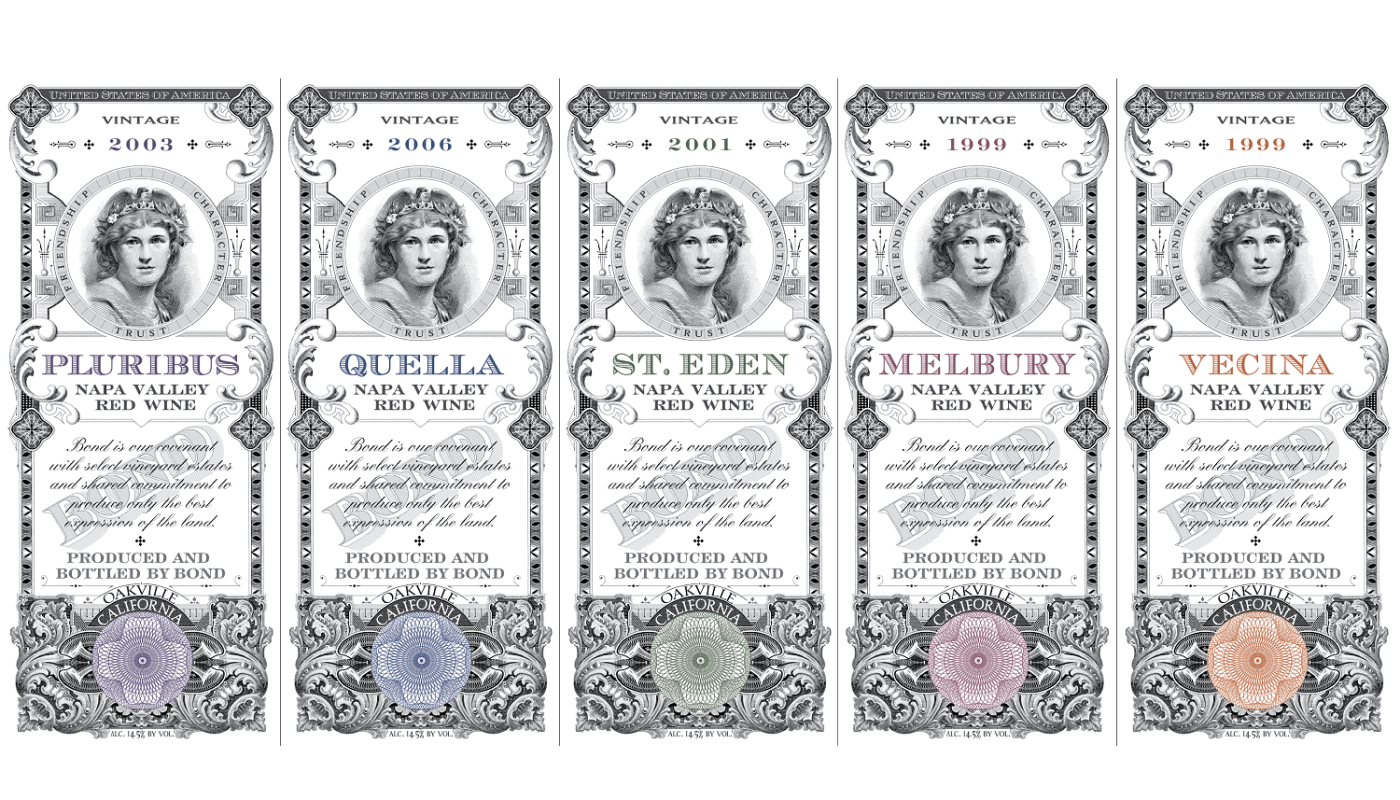 Labels of five Bond wines - Pluribus, Quella, St Eden, Melbury, Vecina
