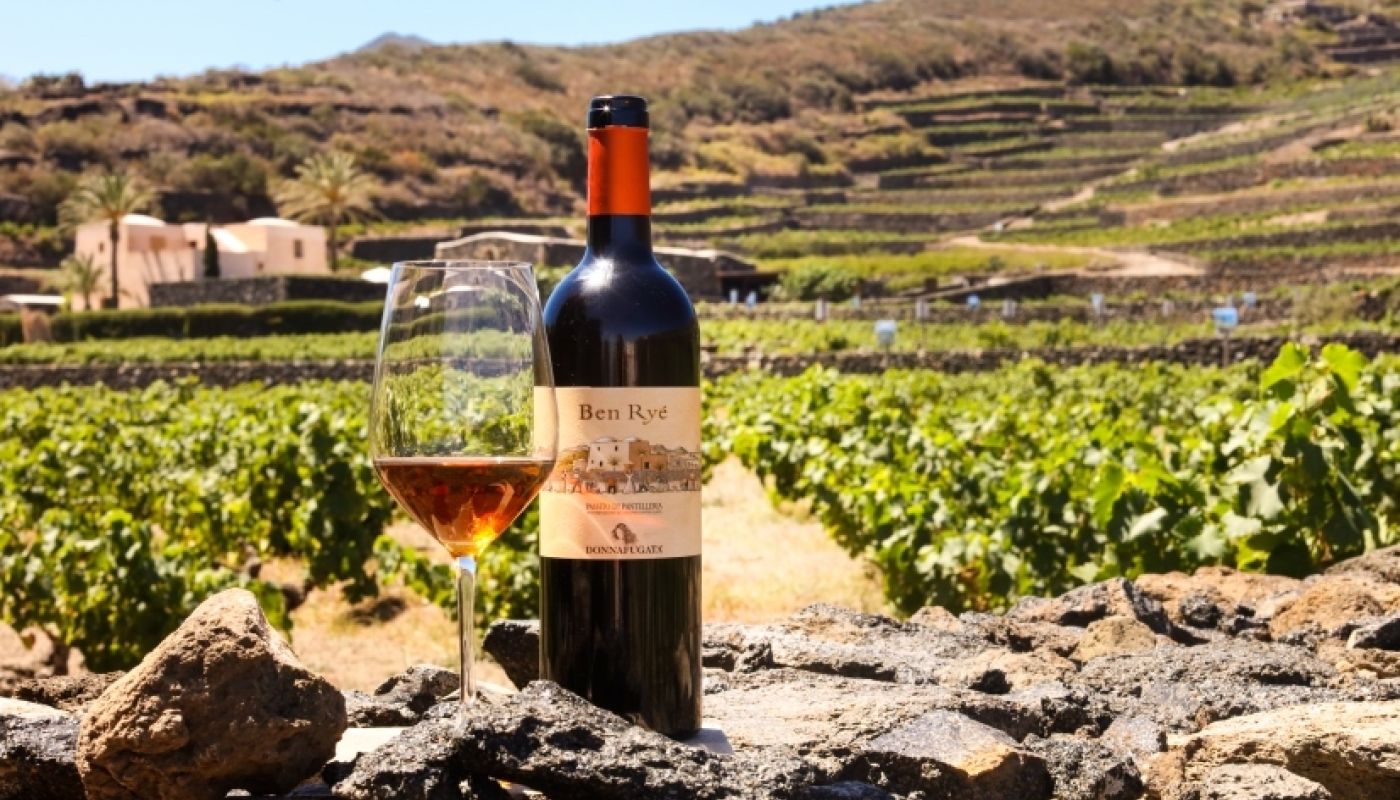 Bottle of Ben Ryé passito in a vineyard