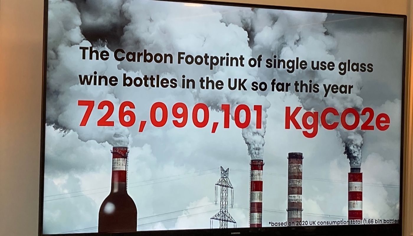 Glass bottle carbon emission graphic at IMW HQ