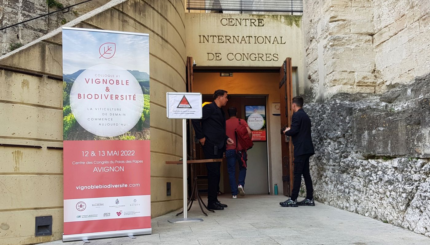 Entrance to vineyard biodiversity conference hall, 2022 in Avignon