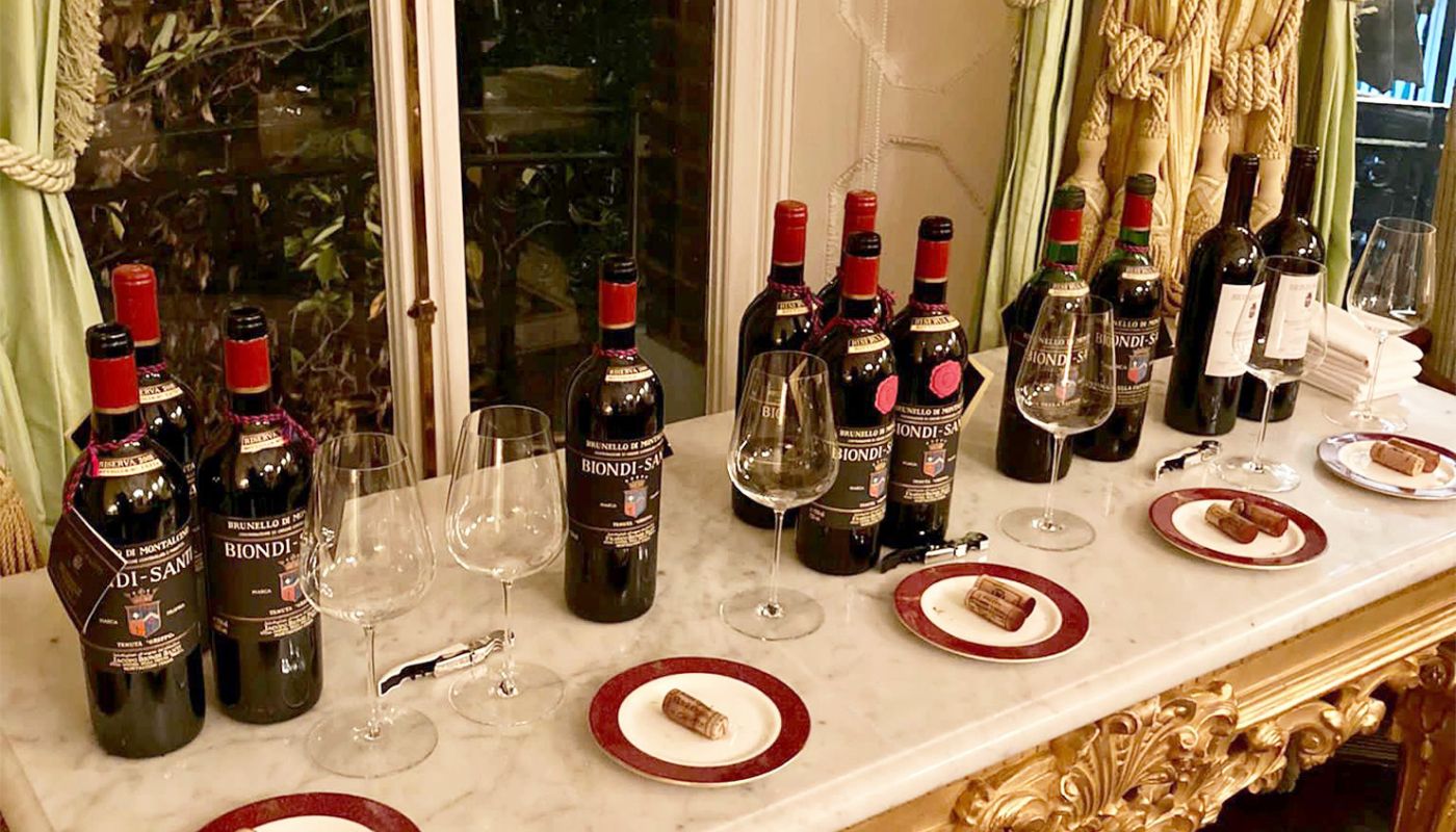 Biondi-Santi Brunello bottles lined up for tasting at the Ritz-Carlton London.