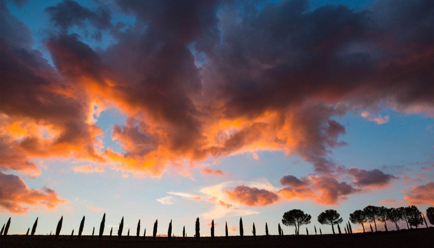 Storm clouds over Montalcino illuminated by the evening light