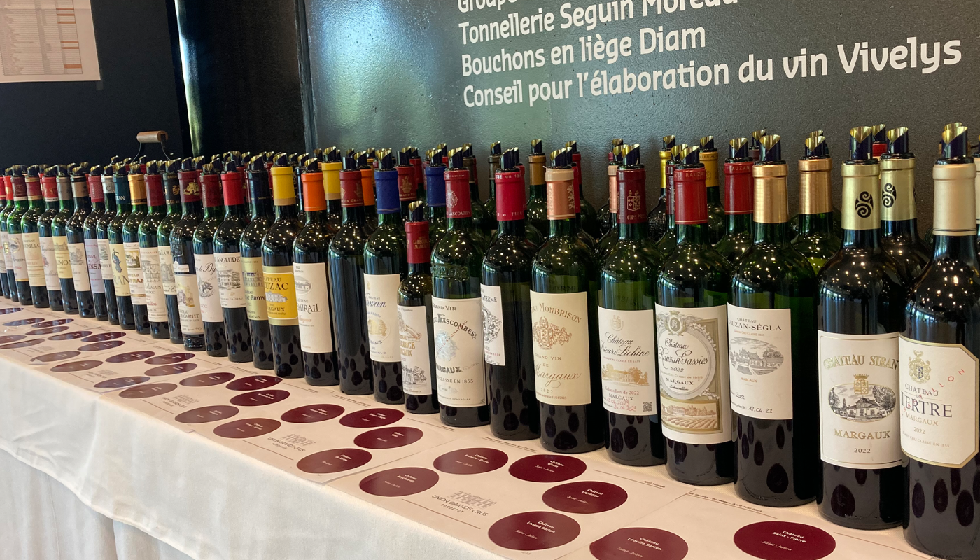 Bottles ready for tasting at the UGCB tasting at the Cité du Vin.