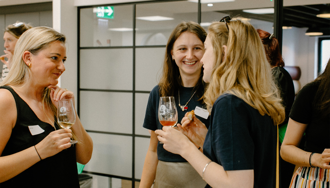Hattie Hardy – Sales Support at Liberty Wines; Mina Frost – Editor at Liv-ex; and Maddy Evrington – Sogrape Brand Manager at Liberty Wines speak at an event for women in wine.