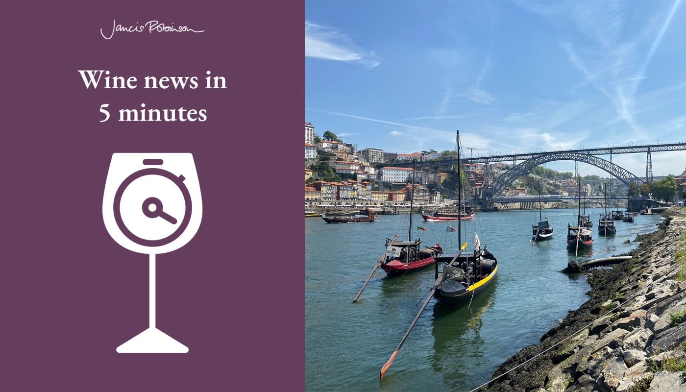 Wine News in 5 logo and photo of waterfront in Vila Nova de Gaia, Portugal