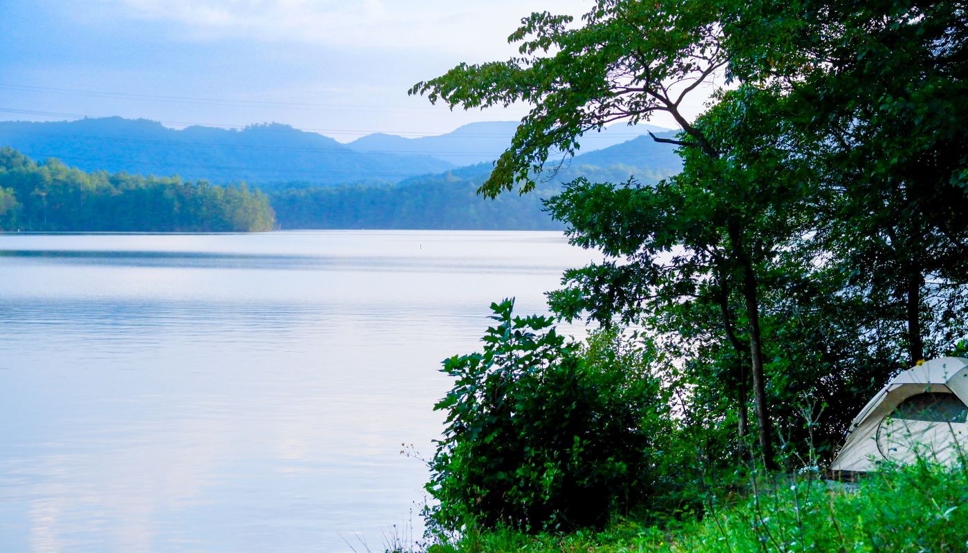 The view from our Lake Santeetlah campsite the morning after the storm. Photo is author's own