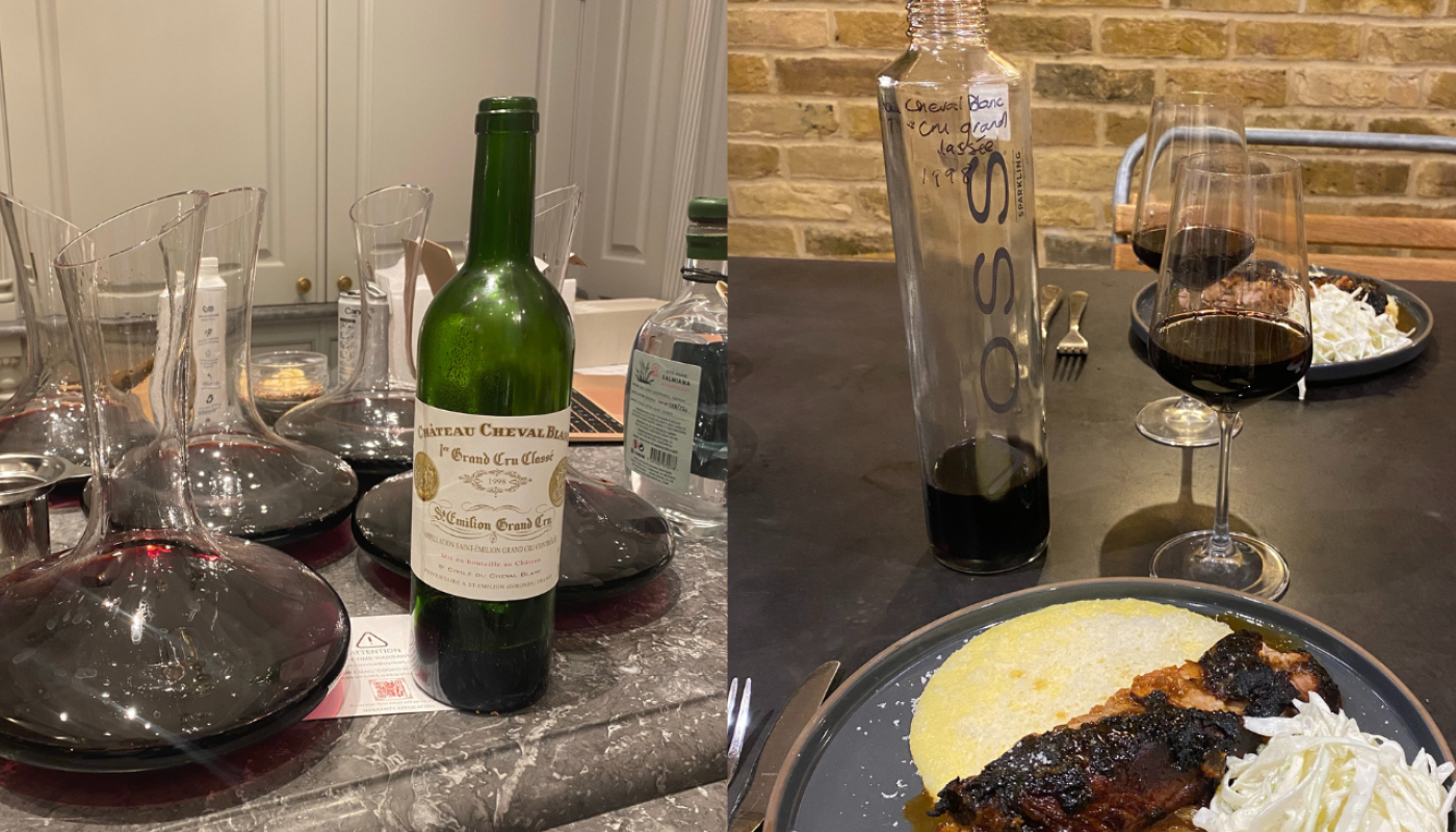 A before and after of the famed wine. From behind the scenes at the St John’s Wood party, to its final dinner, by way of VOSS bottle. Photo is the author's own