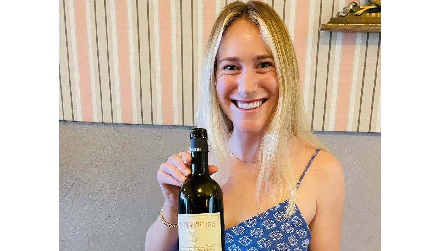 Photo Credit David Peck, Caption: My sister with a bottle of Montevertine