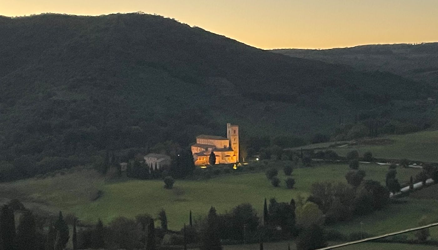 Abbey of Sant'Antimo in Castelnuovo dall'Abate at dusk by Walter Speller