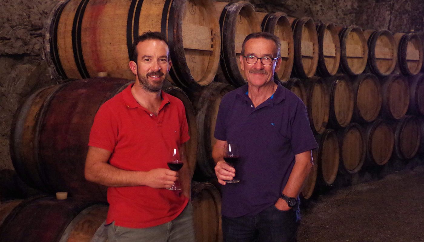 Matthieu and Bernard Baudry in the cellar at Bernard Baudry