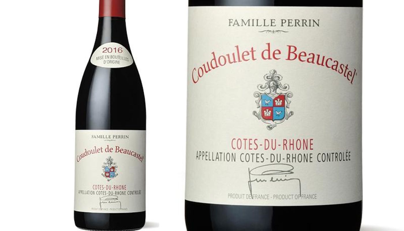 Bottle of Coudoulet de Beaucastel plus label close-up