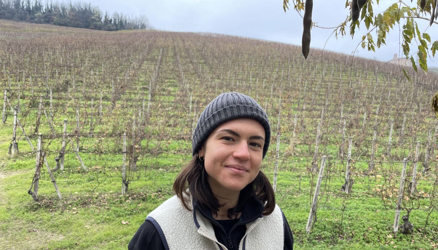 Cristina Marello Prandi in front of the Paiagallo vineyard