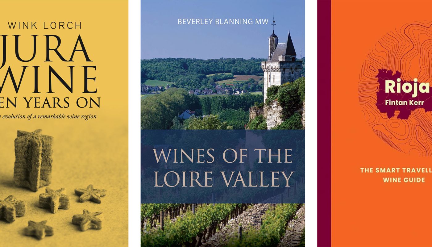 Book covers for Fintan Kerr's Rioja guide, Wine Lorch's new Jura Wine and Beverley Blanning MW's Wines of the Loire