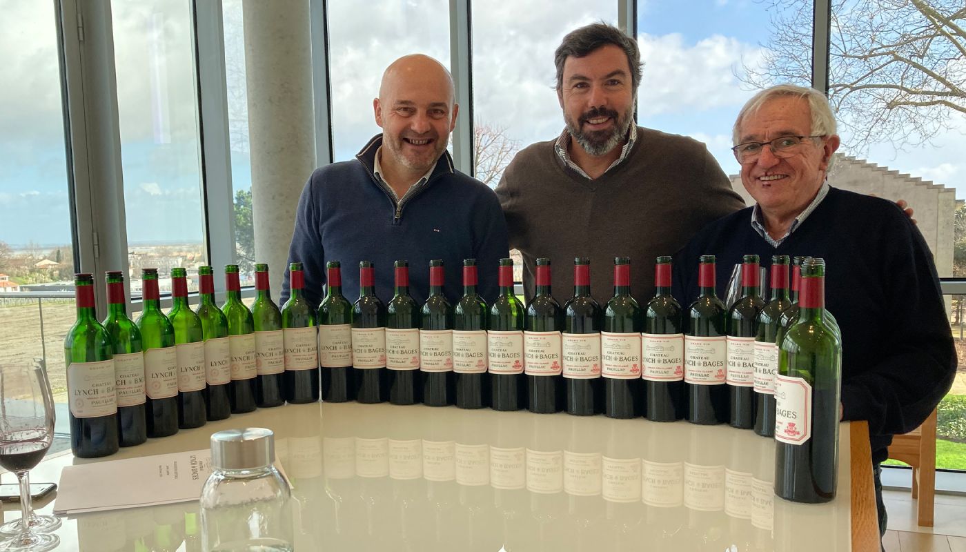 Cellarmaster Nicolas Labenne, owner Jean-Charles Cazes and consultant Daniel Llose in the tastging room at Château Lynch-Bages 