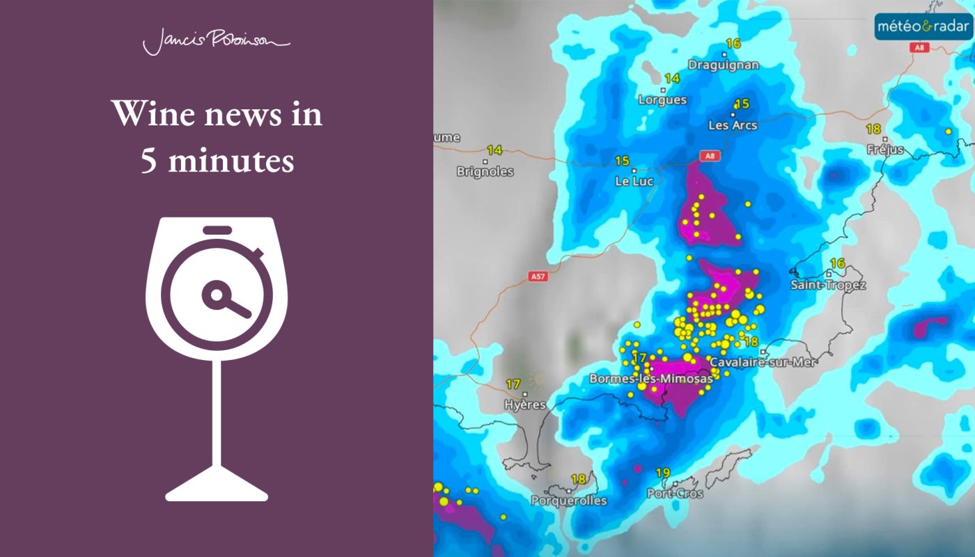 A weather map showinr rain and hail in southern France May 2025, and Wine News in 5 logo