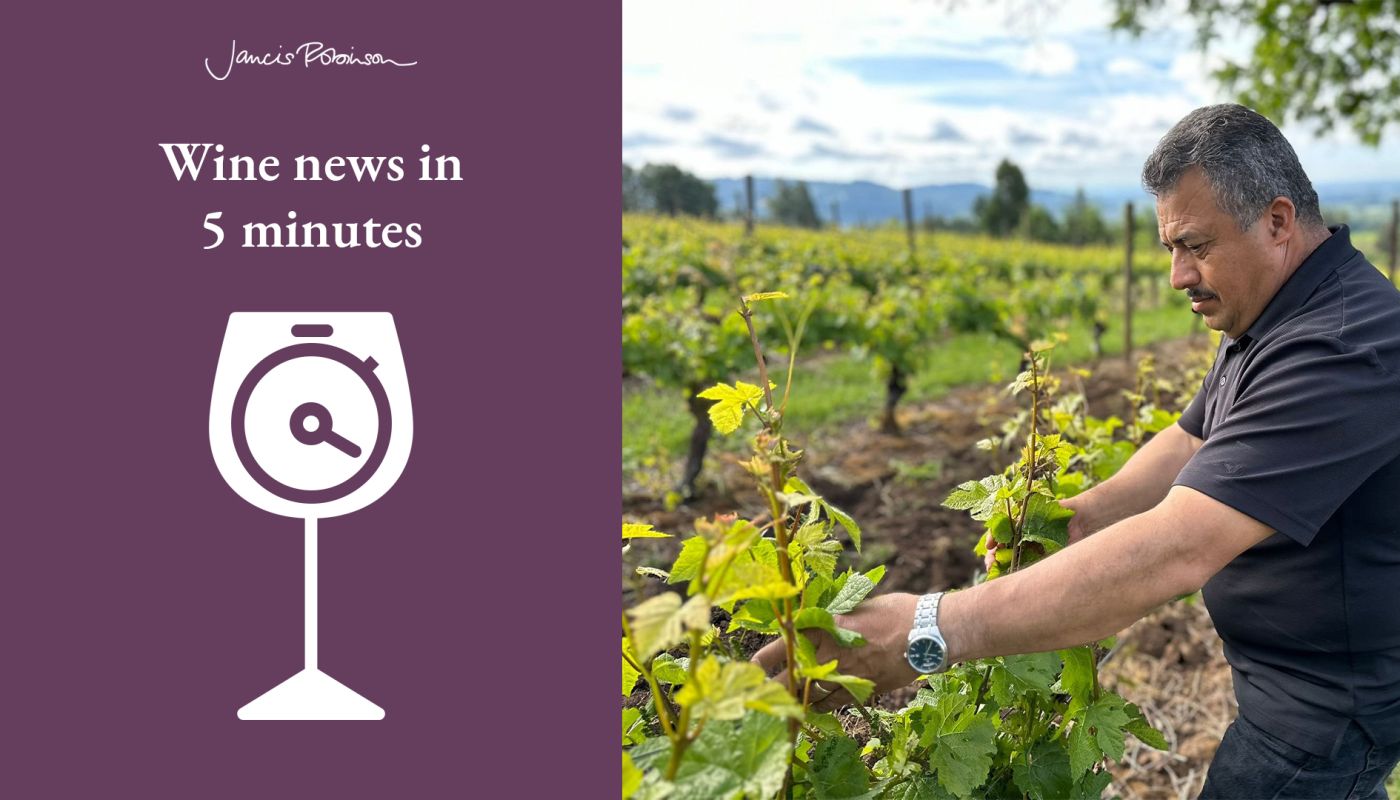 Moises Sotelo, owner of Novo Start Vineyard Services in Willamette Valley, in the vineyard, and the Wine News in 5 logo