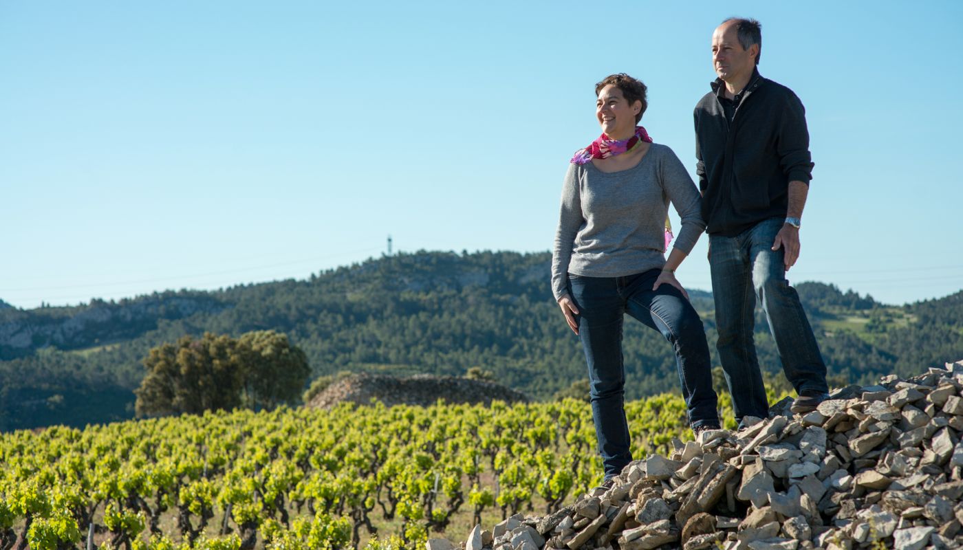Anne Gros and Jean-Paul Tollot overlooking their Minervois vines