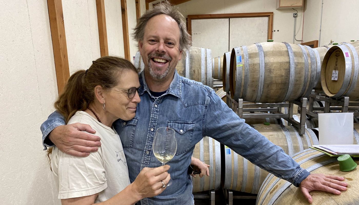 Clare and Marcy Carver of Big Table Farm tasting Chardonnay from barrel