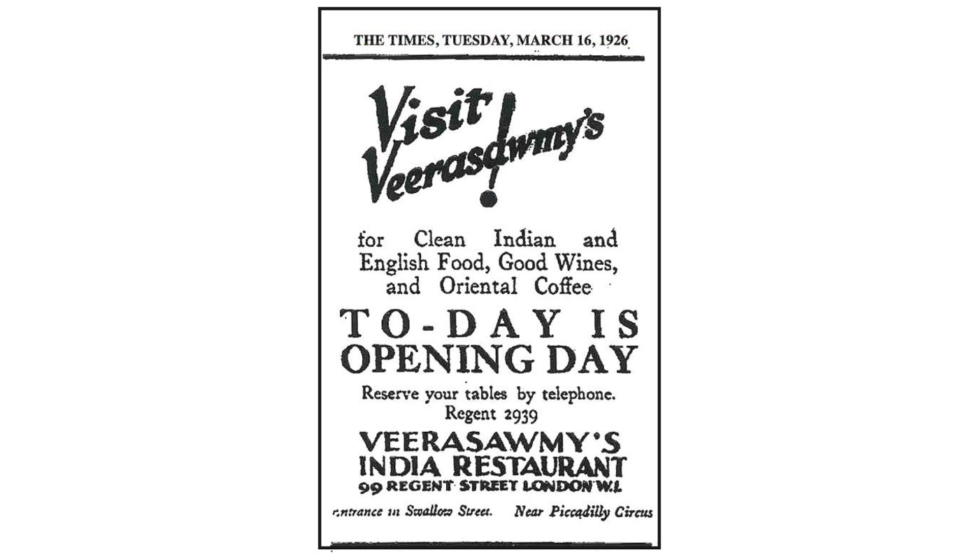 Veeraswamy 1926 opening advert