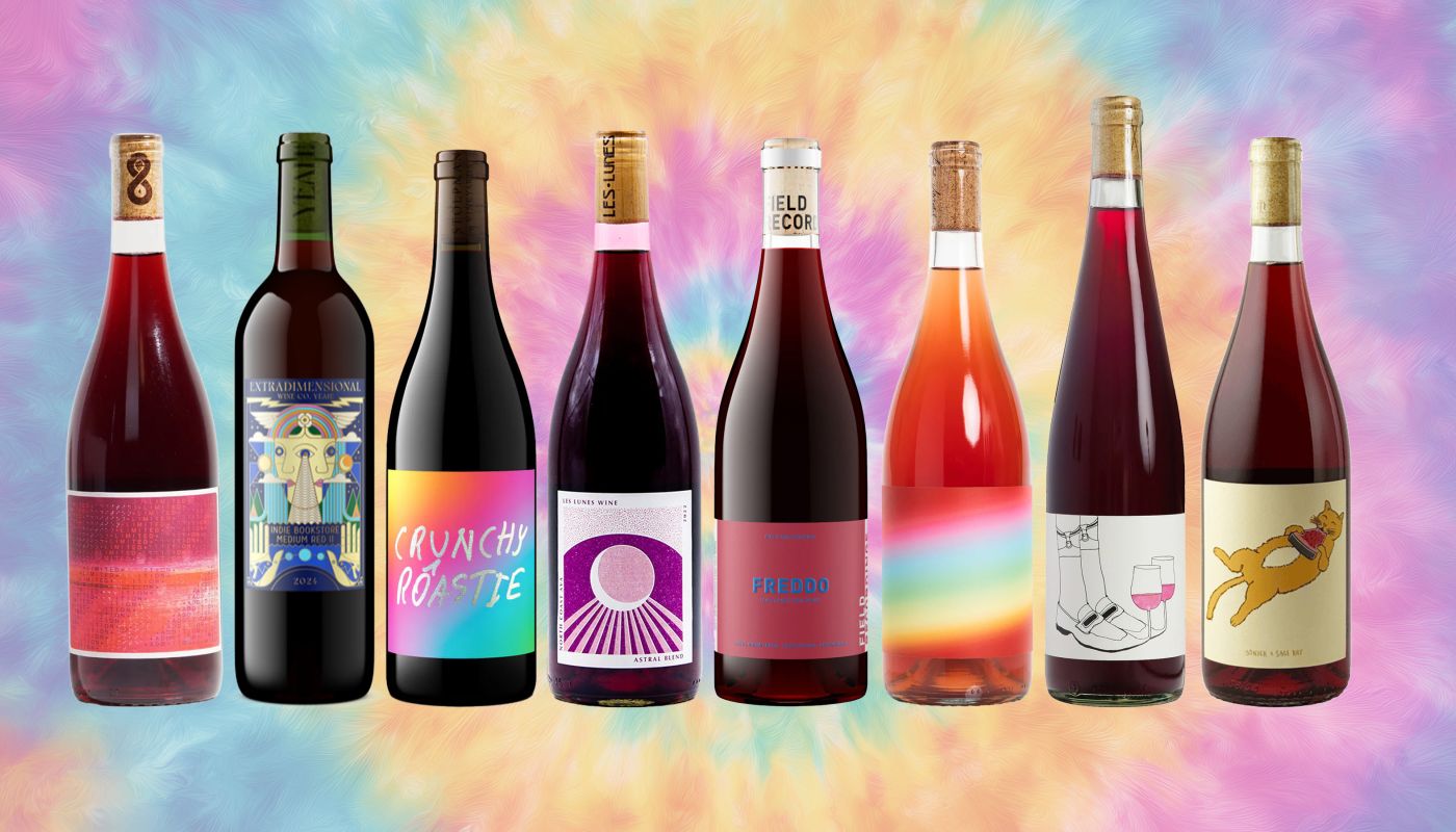 West Coast chillable reds bottle line-up on tie-dye background