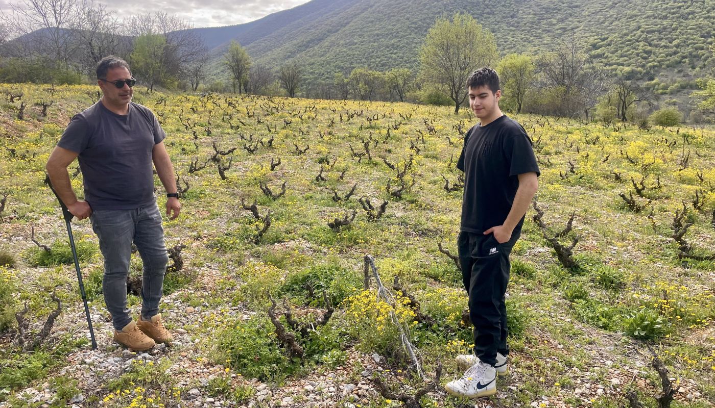 Dimitris Diamantis, left, and son in an old-vine Xinomavro plot, Siatista, Greece. Pic credit: Andrew Neather