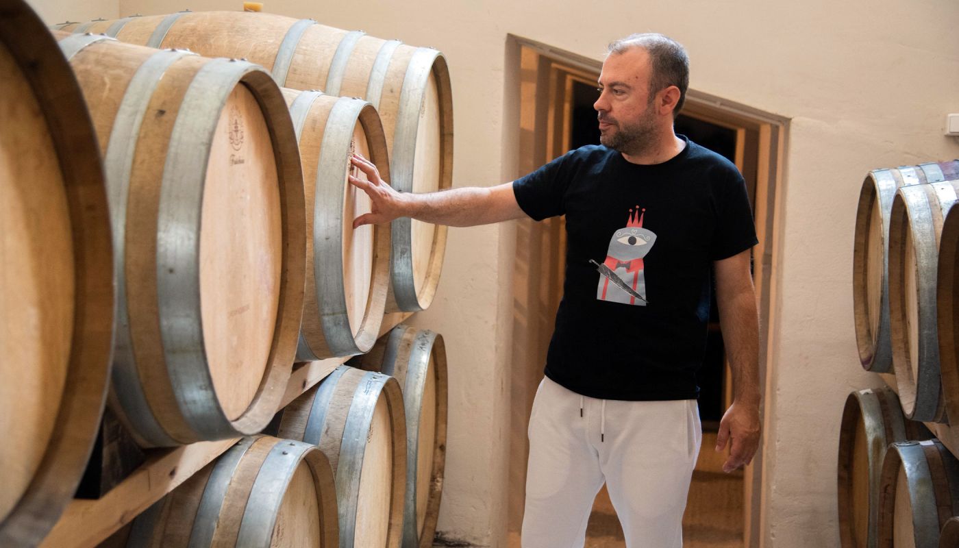 Stamatis Mylonas, Savatiano master, in his barrel cellar