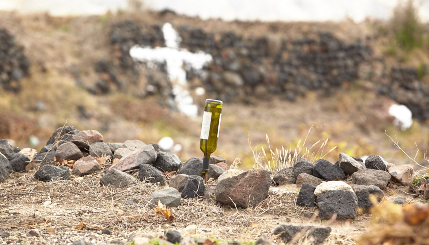 Santorini vineyard with wine bottle via Yiannis Karakasis MW