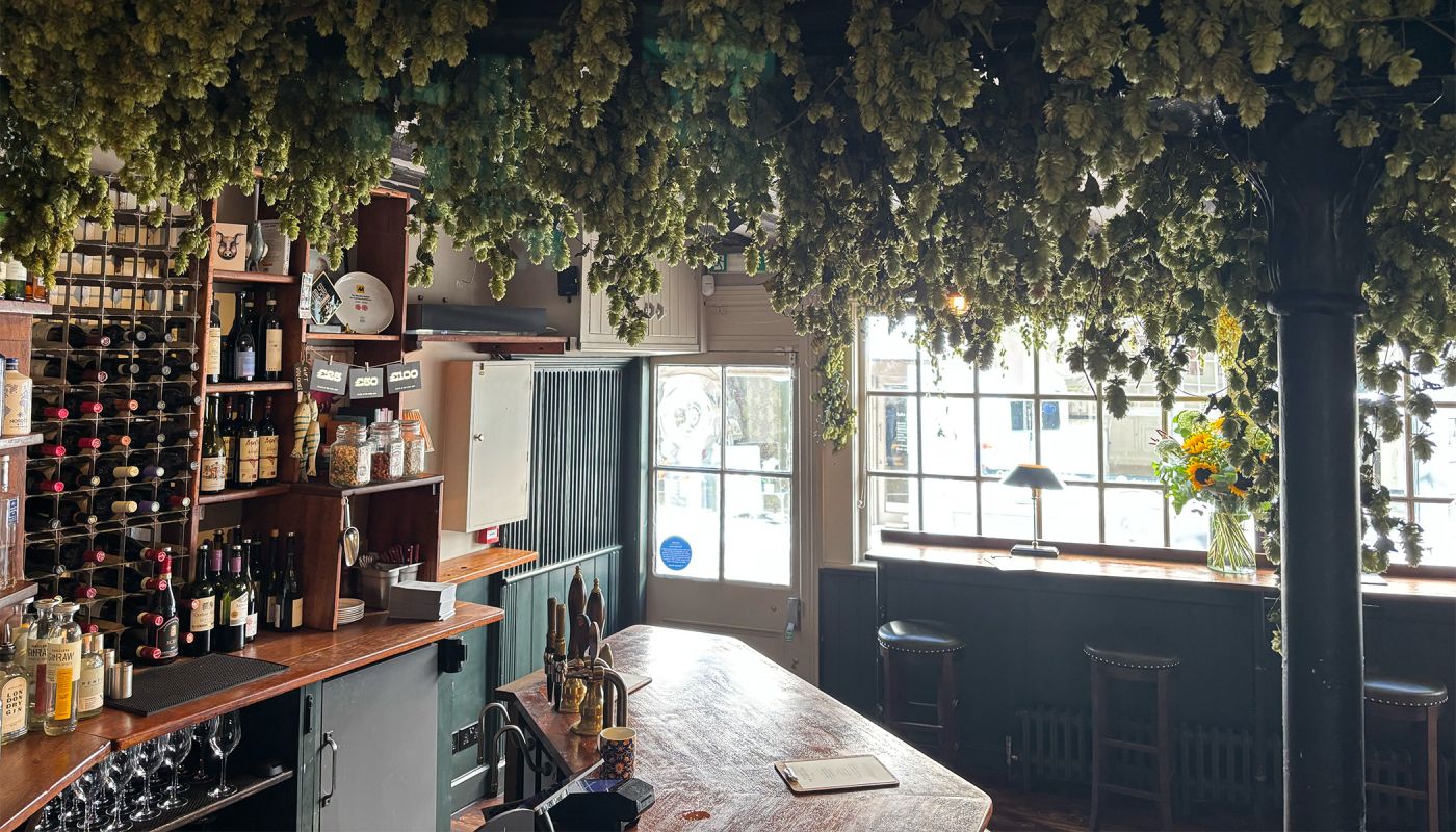 Hops hang from the ceiling at Dylan's at The Kings Arms in St Albans