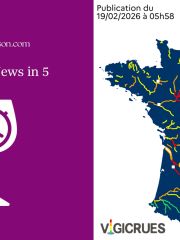 wine-news-in-5 logo and a Vigicrues map showine major flooding in France on 19/2/2026